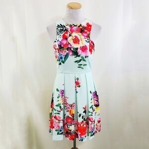 Gianni Bini rainbow floral fit and flare dress aqua Pastel Blue Women's size XS